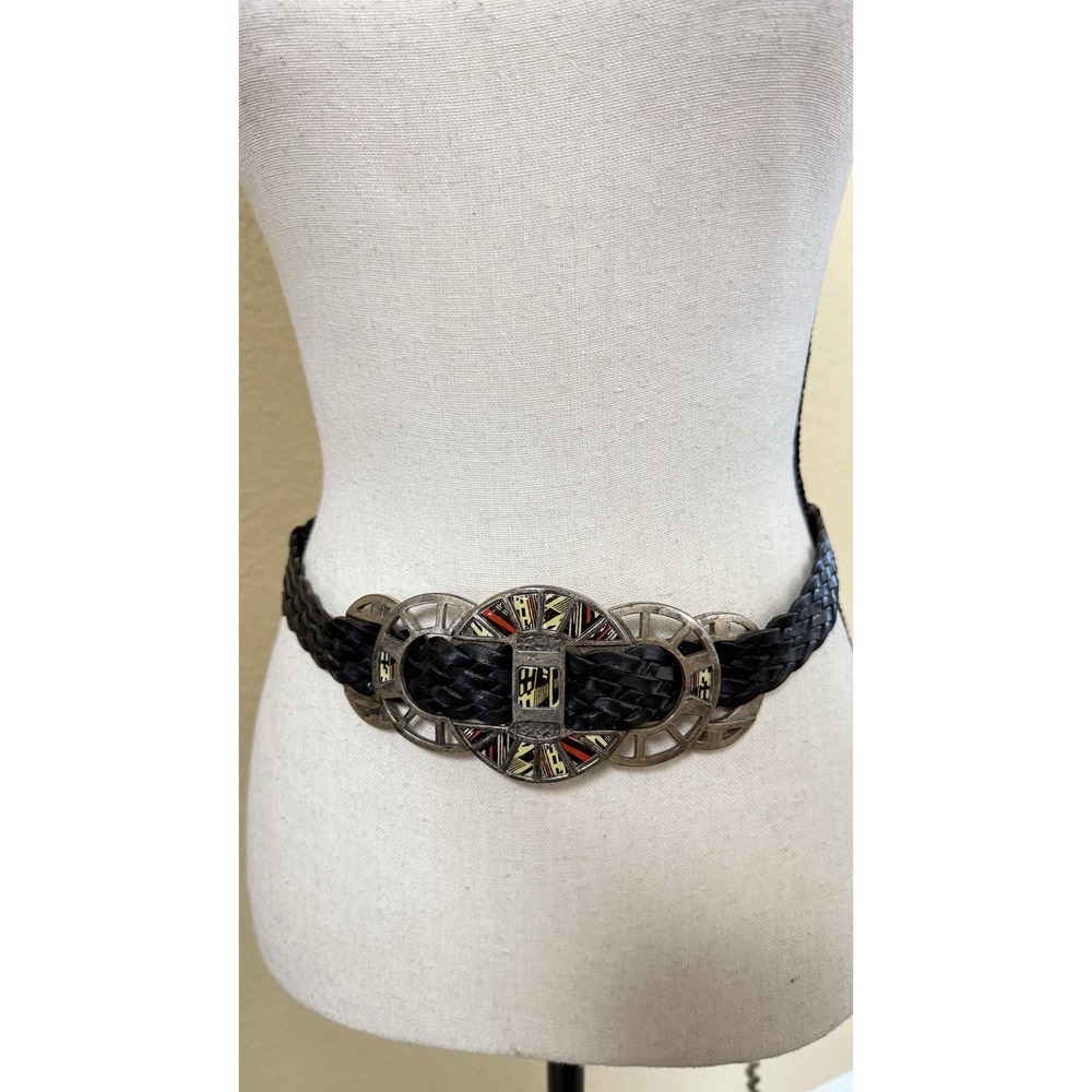 Chico's Vintage Black Leather Woven Braided Tribal Aztec Western Concho Belt 44"